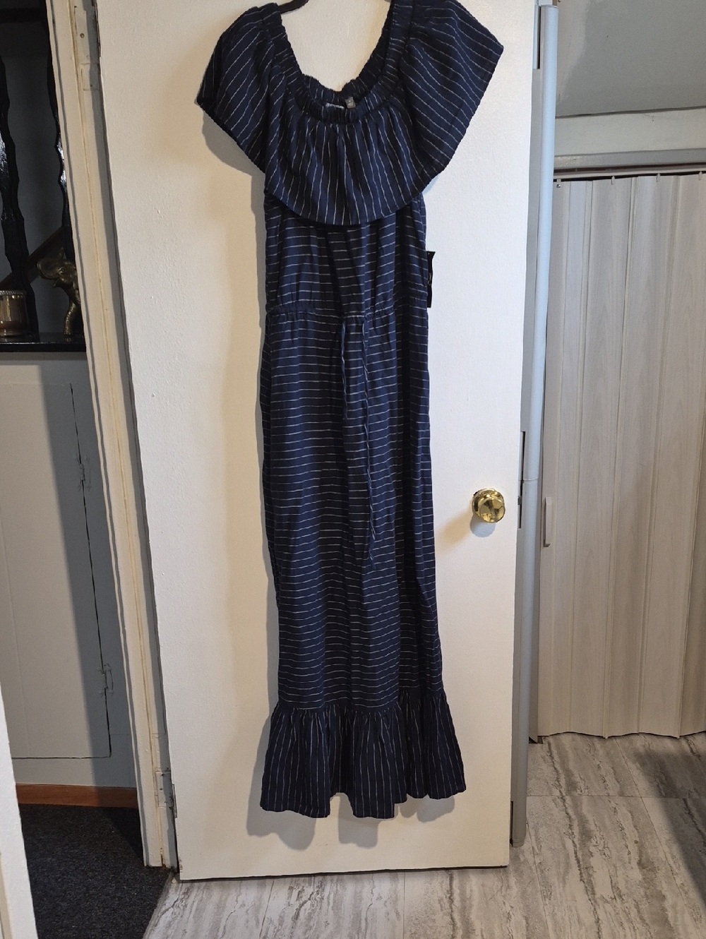 New York & Company Navy Striped Off-Shoulder Top